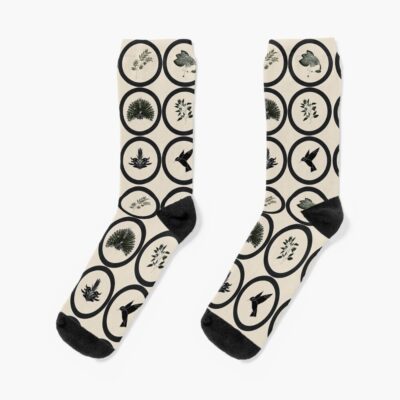 Animals And Plants Pattern In Black And Beige Socks